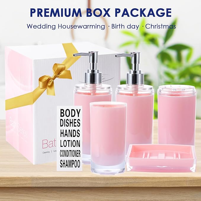 Pink Bathroom Accessories Set 5 Pieces Soap Dispenser and Toothbrush Holder, Tumbler, Soap Dish, Waterproof Labels, Acrylic Sink Countertop Organizer Set, Housewarming Gift with Exquisite Packaging