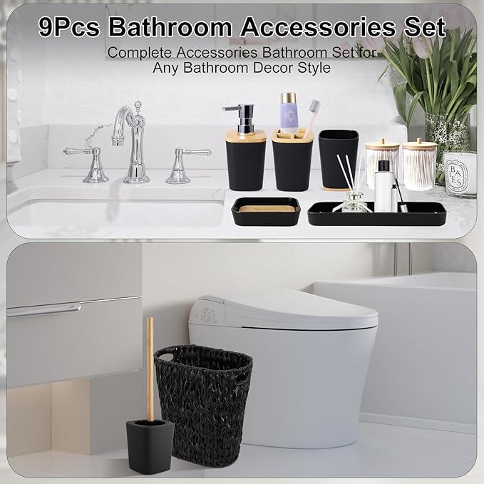 XLHOMO Black Bathroom Accessories Set with Wicker Trash Can, Black Bathroom Accessories Set Bathroom Sets Small Waste Basket Bathroom Trash Can for Bedroom Bathroom