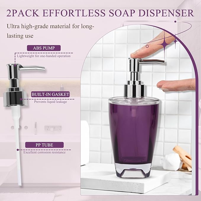 4-Piece Classic Purple Acrylic Bathroom Accessories Set — Soap Dispenser, Toothbrush Holder, Soap Dish & Mouthwash Cup, Vanity Countertop Organizer for Purple Boho Bathroom Decor