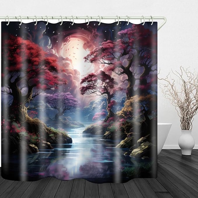Shower Curtains, with Forest and River Themed Bright Colors, Brings A Unique Artistic Atmosphere to The Bathroom. The 72x72 Inch Fabric Shower Curtain Comes with 12 Hooks.