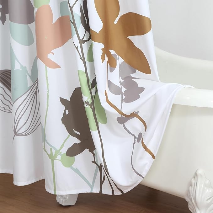 Modern Botanical Shower Curtain 72x72 Inches, Waterproof White Fabric with Brown & Green Branch Silhouette Print, 12 Metal Grommets & Weighted Hem