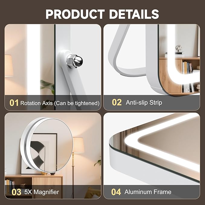 MINISO Vanity Mirror with Lights, 15.8" x 11.8" LED Makeup Mirror, Light & Brightness Adjustment, Smart Sensor, Aluminum Alloy Metal White Frame, with 5X Magnifying Glass