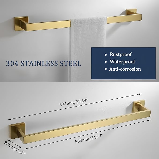 SEIDO 24 Inch Brushed Gold Towel Bar, Heavy Duty & Rust-Proof 304 Stainless Steel Bath Towel Holder, Modern Square Wall Mounted Towel Rack for Bathroom, Kitchen, RV