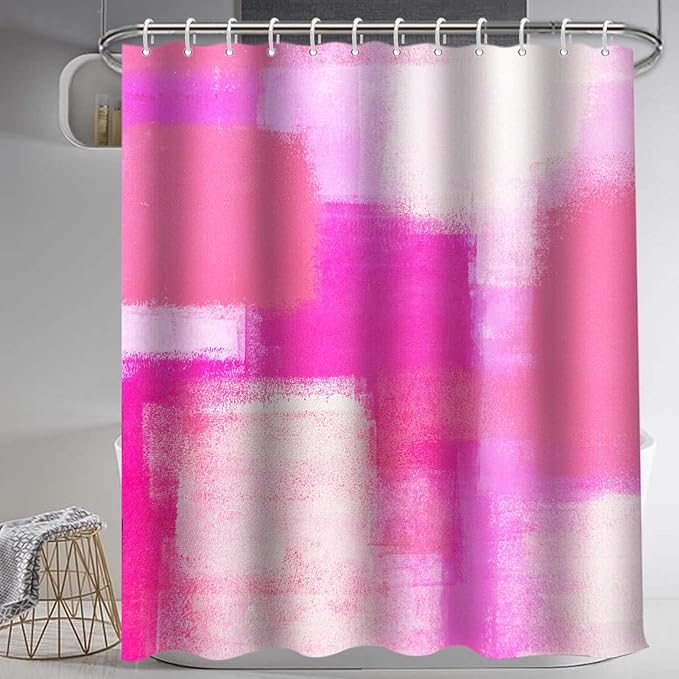Lnond 4Pcs Bathroom Shower Curtain Sets with Rugs, Pink and Grey Painting Art Bathroom Sets with Shower Curtain and Rugs and Accessories