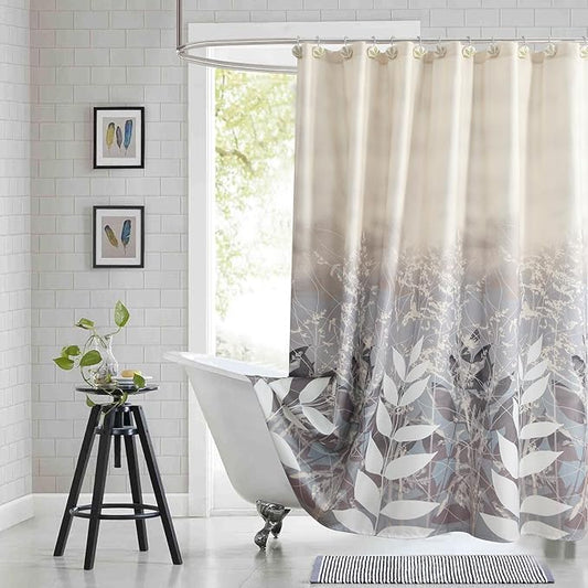 Long Shower Curtain 72x78 Inch, Polyester Fabric | Waterproof Botanical Design with Cream & Taupe-Grey Leaves
