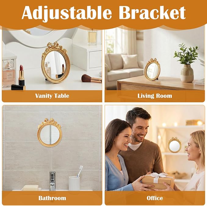 Abeillo Small Gold Desk Mirror, 4.2'' Round Decorative Mirror Vintage Table Mirrors with Gold Resin Frame for Bedroom Bathroom Tabletop Wall