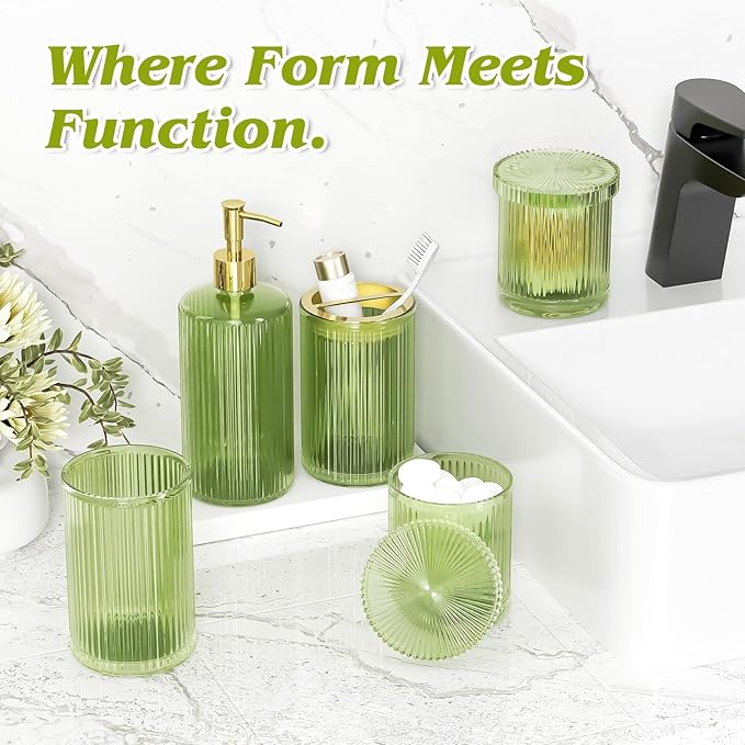 Green Bathroom Accessories Set 8 Pcs, Trash Can with Bags, Glass Bathroom Set Include Soap Dispenser, Toothbrush Holder, Tumbler, Qtip Holder Set, Vintage Bathroom Sink Set, Cute Bathroom Decor
