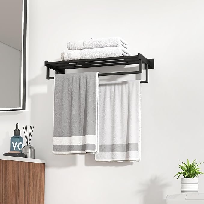 Double Towel Bar, 24 Inch Towel Racks for Bathroom Wall Mounted, Bathroom Towel Rack, Towel Rack with Shelf, Stainless Steel Hand Towel Hanger, Bath Towel Holder for Wall, Black