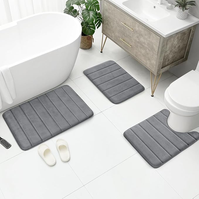 BYSURE Dark Grey Memory Foam Bath Mats, Non Slip Extra Soft Absorbent Machine WashableToilet Bathroom Rug Set 3 Piece (20"x32"+24"x44"+U Shape 20"x24")