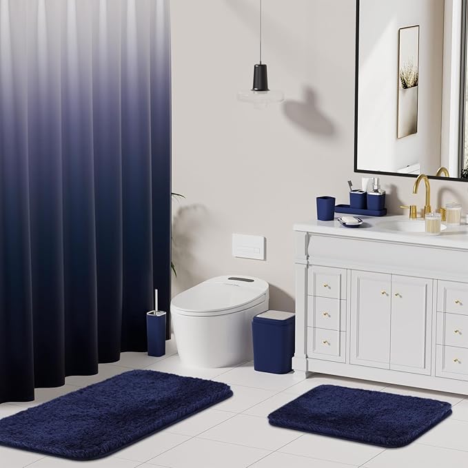 XLHOMO 24PC Navy Blue Bathroom Set with Shower Curtain and Rugs, Blue Bathroom Sets Complete with Trash Can,Soap Dispenser,Soap Dish,Toilet Brush,Toothbrush Holder and Cup,Tray,Q-Tip Holders