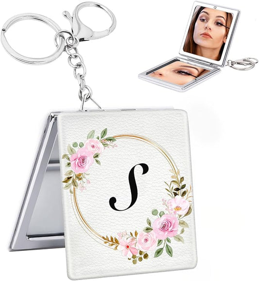 BAOSIWA Stocking Stuffers for Teen Girls Grandkids, Gifts for 5 6 7 8 9 10 11 12 13 Year Old Girl, Personalized Compact Mirror Initial Small Travel Makeup Mirror with Keychain(S)