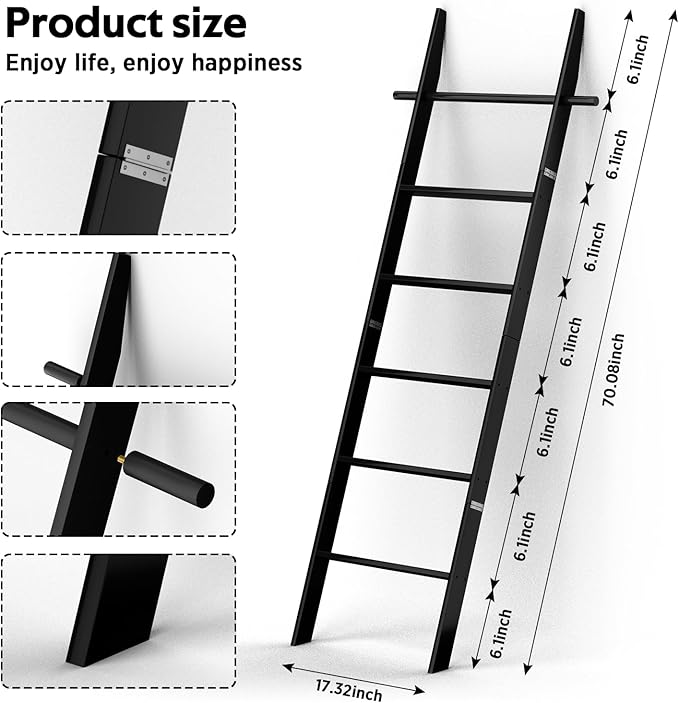 Farmhouse Wooden Blanket Ladder with Removable Hooks, 6-Tier Rustic Blanket Rack Decorative Stand, Leaning Towel Quilt Display Holder Storage for Bathroom Living Room Decor Black