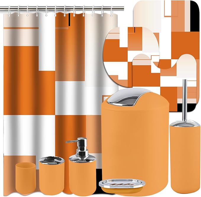 Lnond Orange Bathroom Set, 22-Piece Orange Abstract Bathroom Decor Set with with Shower Curtain and Rugs, Trash Can, Toilet Brush Holder Set & Soap Dispenser