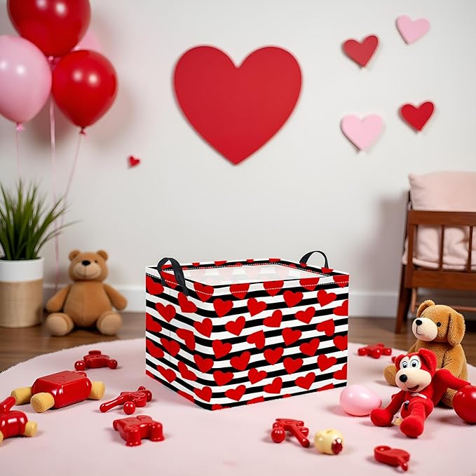 Rectangular Valentines Basket for Women Girls Storage Bin Organizer Box Shelf Room Decor(Black Red Heart)