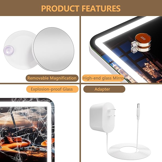 Hasipu Vanity Mirror with Lights, 50.2" x 34" LED Makeup Mirror, Lighted Makeup Mirror with Dimmable 3 Modes, Touch Screen Control Vanity Mirror Round White