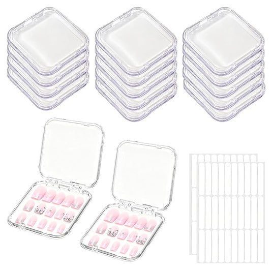 14Pcs Press On Nail Storage Box with 60Pcs Adhesive Double Sided Tape, Press on Nail Packaging Supplies False Nails Display Cases Boxes for Nail Art Salon Business(Clear)