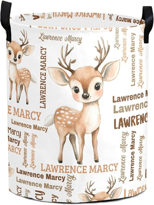 Large Custom Name Laundry Hamper, Deer Personalized Dirty Clothes Hamper Storage Basket with Name for Bathroom Bedrooms, Customized Name Circular Hamper with Handles for Baby Boys Girls Men Women