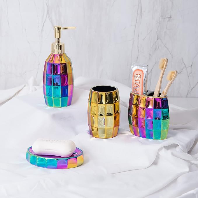 Rainbow Bathroom Accessory Set, Colorful/Gold Mosaic Ceramic Bathroom Accessories Sets Includes Lotion Dispenser, Toothbrush Holder Tumbler, and Soap Dish