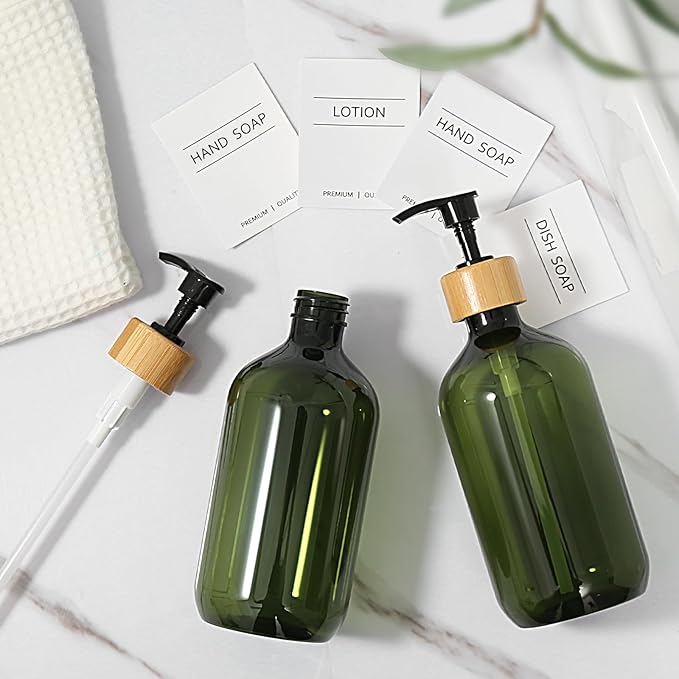 KASUNTING Green Soap Dispenser, Plastic Bathroom Soap and Lotion Dispenser Set with Bamboo Pump, 2 Pack 17 Fl Oz Hand and Dish Soap Dispensers Set for Bathroom, Refillable Liquid Soap Bottles