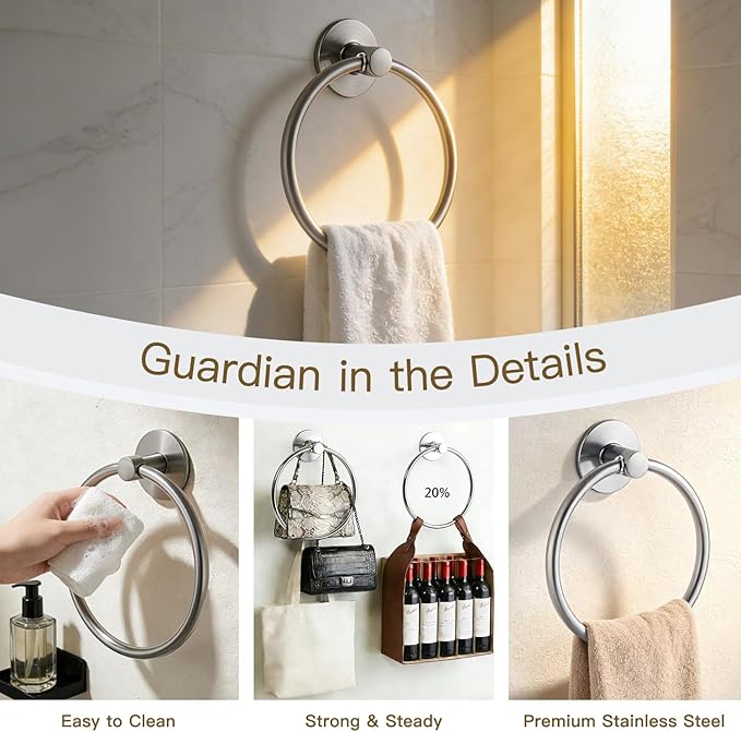 Besteffie Adhesive Towel Ring Wall Mount Hand Towel Ring Self Adhesive Towel Hanger Premium SUS304 Stainless Steel Rustproof Brushed Nickel, Kitchen, Bathroom Hand Towel Holder