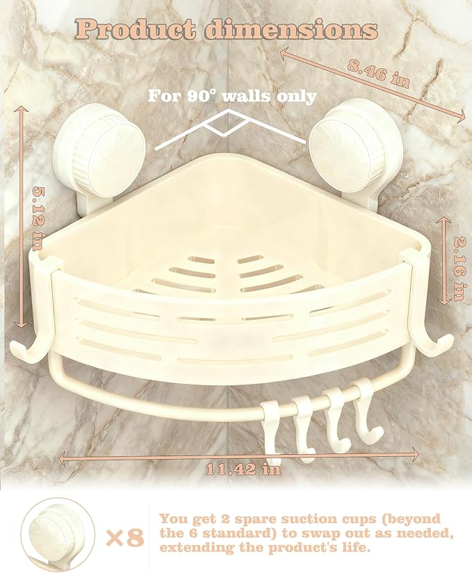LOOCH 3 Pack Plastic Corner Shower Caddy with Twist-Lock Suction Cups & a Pre-Applied Adhesive Layer, The No-Drill Shower Organizer with Towel Bar & Drain Holes for Bathroom Storage & Decor(White)