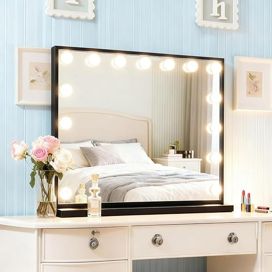 Lighted Vanity Mirror, Hollywood Style, 14.5 Inch LED Makeup Mirror, White/Black, Metal Frame, 10x Magnification, 3 Dimming Modes, Smart Touch Control (Black)