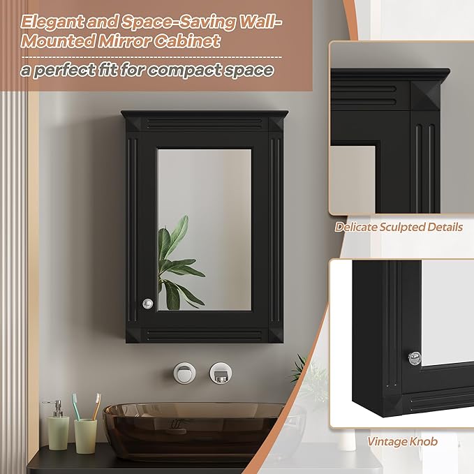 Merax Bathroom Medicine Cabinet with Mirror Door & Adjustable Shelves, 20" x 28" Wall Mounted Bathroom Storage Cabinet with Mirror, Over The Toilet