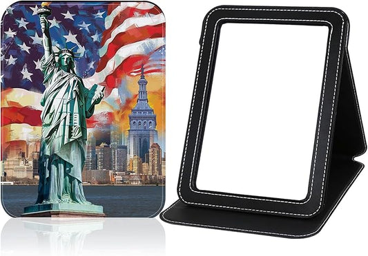 Folding Desk Mirror for Office, Portable Travel Makeup Mirror with Stand, Small Adjustable Vanity Mirror for Work, Home, Camping (Statue of Liberty Design)