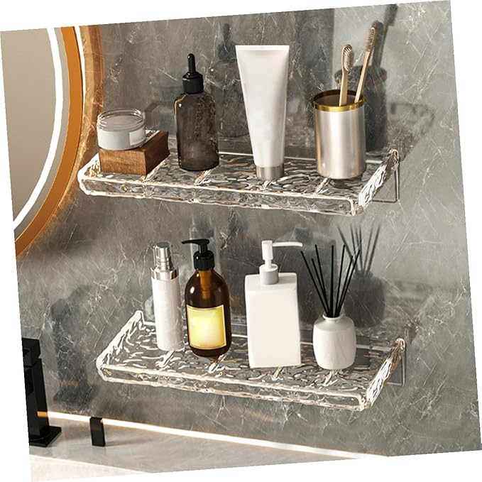 2pcs Floating Wall Shelf Bathroom Storage Rack Transparent Wave Pattern No-Drill Mount Organizer for Toothbrushes Cups Toothpaste Kitchen Bedroom