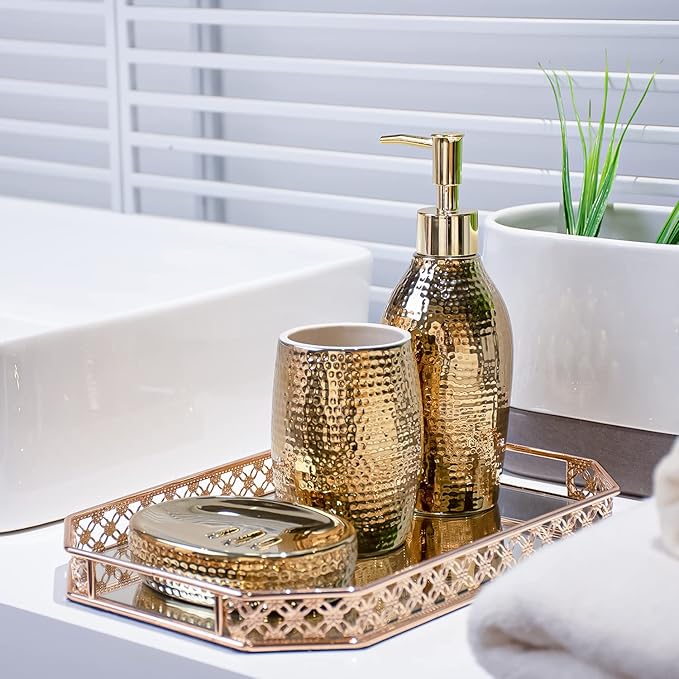 Gold Bathroom Accessory Set - 3 Piece Decorative Ceramic Bathroom Accessories Sets with Lotion Soap Dispenser, Toothbrush Holder/Tumbler and Soap Dish, Golden Gift Set for New Home Decor