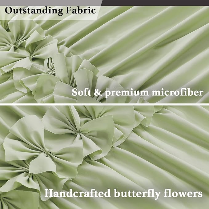 Sage Ruffle Shower Curtain, Vintage Handcrafted Bow Tie Bath Curtain for Master Bathroom, Ruched Microfiber Bathroom Curtain with 12 Buttonholes, 72" W x 72" H (LQ-10)