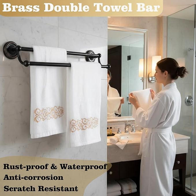 Brass Double Towel Bar, Adjustable Antique Black Towel Racks for Bathroom Wall Mounted Fits 14-25.4 Inch Centers, Heavy Duty Rustproof Bathroom Towel Rod Holder for Kitchen, Laundry Room, Hotel