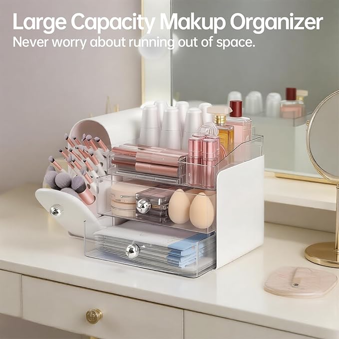 Makeup Organizer with Brush Holder, Large Cosmetic Storage with 2 Drawers, Skincare Organizer for Bathroom Countertop, Vanity Organizer for Lipstick, Perfume, Nail Polish, Beauty Gifts (White)