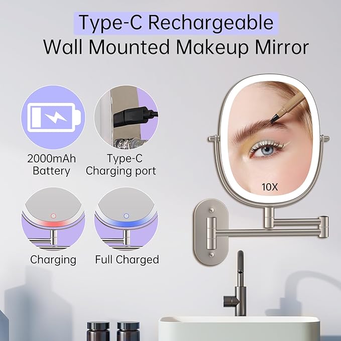 FUNTOUCH Rechargeable Wall Mounted Lighted Makeup Mirror, Oval Double-Sided Mirror 1X/10X Magnifying Mirror,3 Color Lights Touch Screen Dimmable 360°Swivel 13 Inch Extendable,Nickel