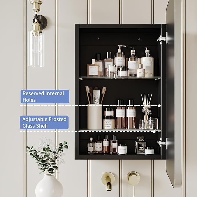 AGDULL Vintage-Style Bathroom Wood Black Cabinet with 16.5''x24'' Brushed Nickel Metal Frame Curved Mirror, Recessed Medicine Cabinet, Bathroom Storage Cabinet