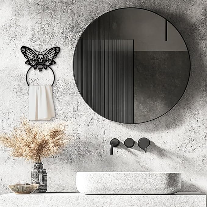 MAYJOYDIY Death Head Moth Metal Towel Ring Halloween Skeleton Insects Towel Holder Bath Towel Ring Black Art Towel Rack for Bathroom Kitchen Towel Hanger Home Decors Gift