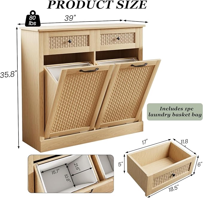 Double Tilt Out Laundry Hamper Cabinet, Rattan-Style Laundry Room Organization with Removable Laundry Basket, Hidden Wood Dirty Clothes Hamper with Drawers, 39" L x 13" W x 35.8" H, Wood
