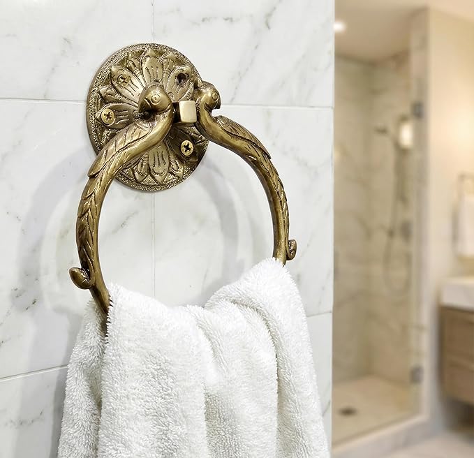 7.5" Inches - Brass Hand Towel Hanger Holder | Hand Towel Hanger Holder | Towel Holder for Bathroom in Twin Peacock Design