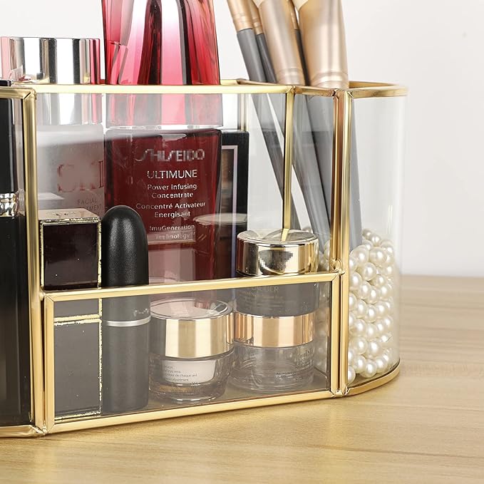 Hipiwe Gold Makeup Brush Holder 4 Slots Glass Cosmetics Brush Organizer Remote Control Holder Pen Holder Vintage Vanity Storage Holder for Brushes Comb Eyeliner fit Dresser Bathroom Office