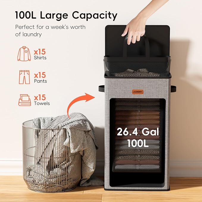100L Laundry Hamper with Lid, Large Clothes Hampers with Removable Bag, Collapsible Laundry Basket for Bathroom, Bedroom, Laundry Room, Dorm, Grey