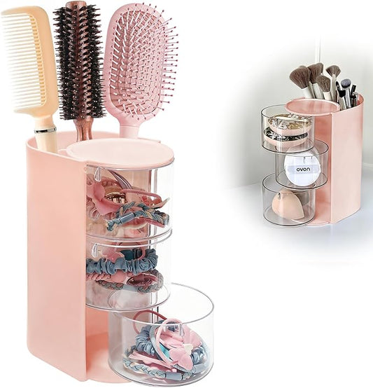 Pink Hair Accessories Organizer & Hair Brush Holder, 3-Layer Clear Hair Accessory Organizer Rotatable Small Jewelry Box for Clip Earring Necklaces, The Latest Gift for A Girl. Hair Caddy