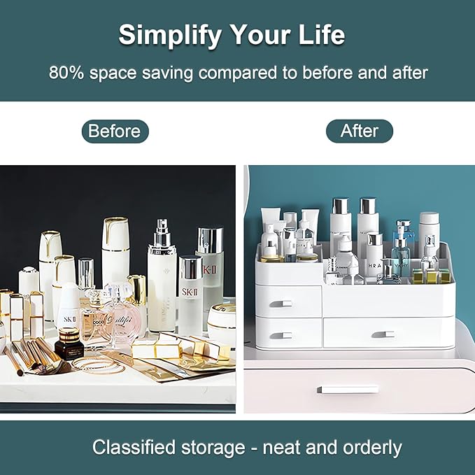 Makeup Organizer for Vanity, Large Countertop Organizer with Drawers, Cosmetics Storage for Cosmetics, Lipsticks, Jewelry, Nail Care, Skincare, Ideal for Bedroom and Bathroom Countertops (White)