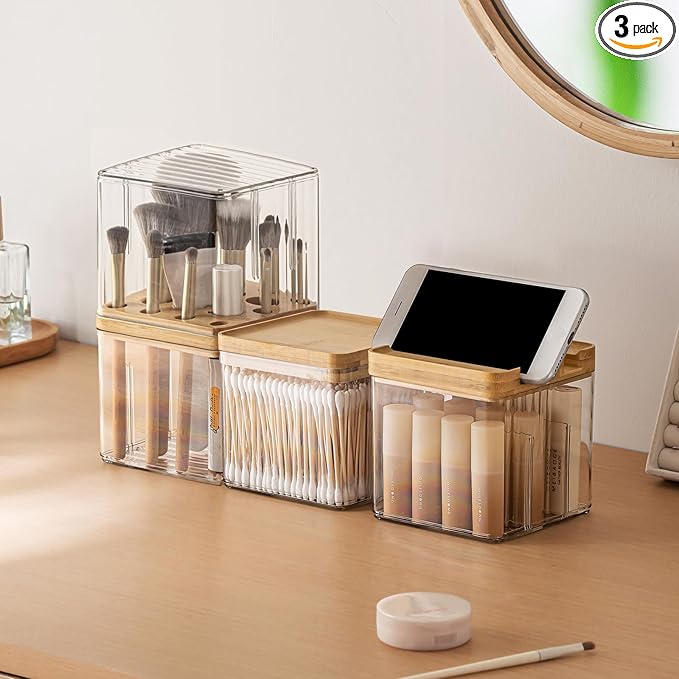 MORNITE 3-Pack Makeup Organizer Set with Lids, Makeup Brush Holder Containers, Cosmetic Display Case, Bathroom Vanity Counter Storage for Eyeliners Lip Liners Qtips Sponges Cotton Pad