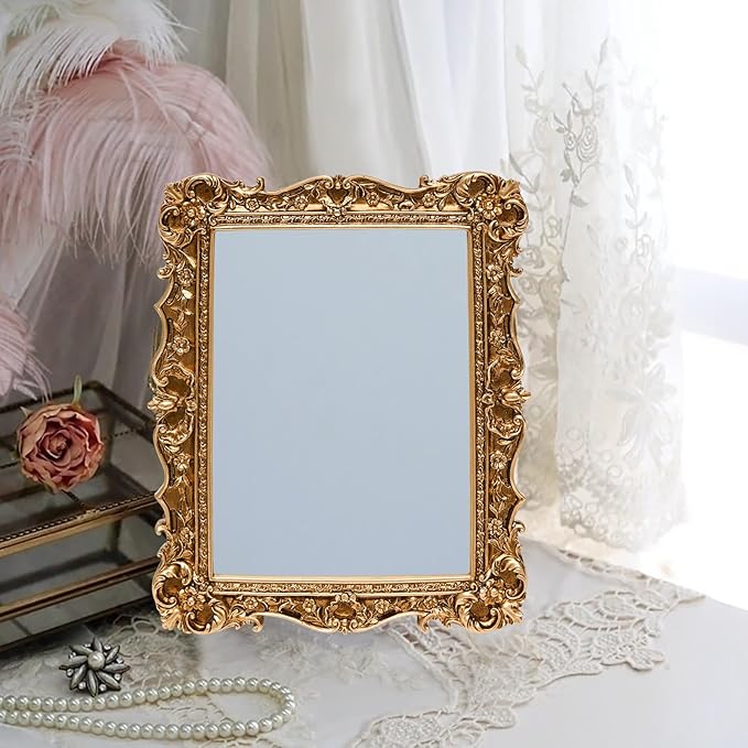 JANDERART Small Vintage Mirror 10x8 Inch, Antique Ornate Decorative Mirror for Desk & Wall, Vanity Mirror for Makeup Wall Decor, Gold