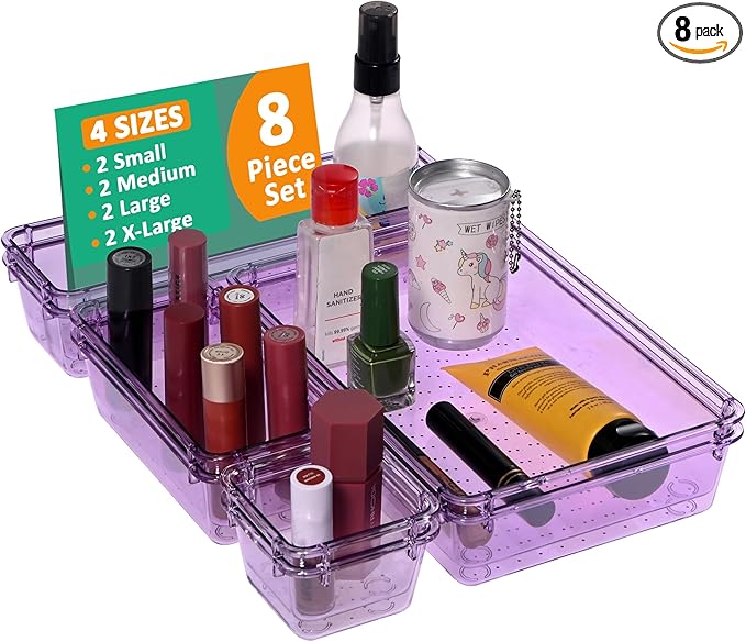 Kuber Industries 8 Pcs Acrylic Transparent Cosmetic Organizer Tray | Drawers Organisers for Kitchen, Office and Bathroom Vanity Makeup | Stationery Storage Drawer Divider Tray | Purple