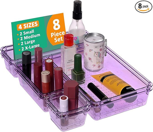 Kuber Industries 8 Pcs Acrylic Transparent Cosmetic Organizer Tray | Drawers Organisers for Kitchen, Office and Bathroom Vanity Makeup | Stationery Storage Drawer Divider Tray | Purple