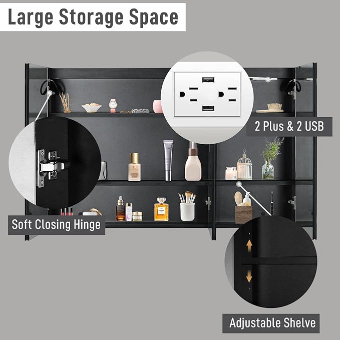 Karl home Black 3-Doors 48"x28" LED Medicine Cabinet for Bathroom, 3-Color Wall Mounted Dimmable Bathroom Cabinet with 3-Tiers Storage Shelves, Anti-Fog, USB Charge