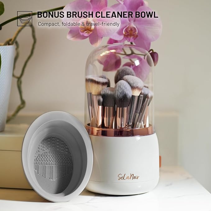 Rotating Makeup Brush Holder with Lid – Dustproof Vanity Organizer for Makeup Brushes, Bonus Foldable Makeup Brush Cleaner Bowl Included, Elegant Seafoam Green Storage Solution
