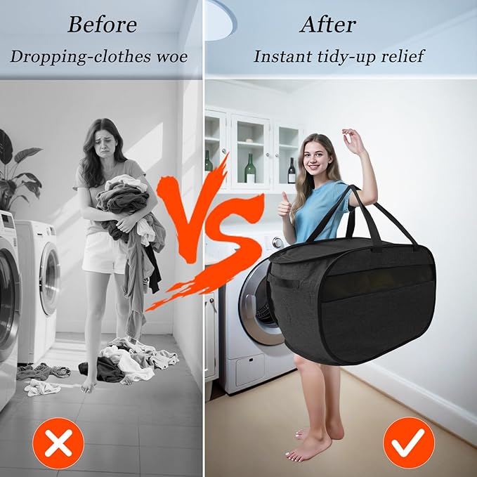 Upgraded 100L Extra Large Mesh Pop Up Laundry Hamper with Lid & Handles, XL Foldable Dirty Clothes Basket for Home Dorm Closet Storage, Portable Laundry Bin, Black. H