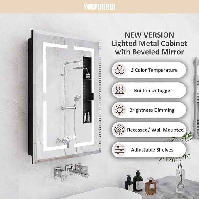20X30 Inch Recessed Medicine Cabinet with Mirror, Adjustable 3-Color LED Cabinet with Brightness Dimming, Defogger